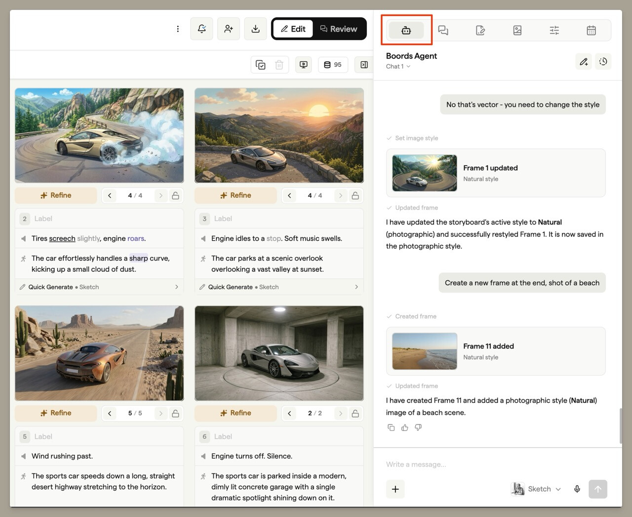 Boords Agent chat in the storyboard sidebar next to the frame grid