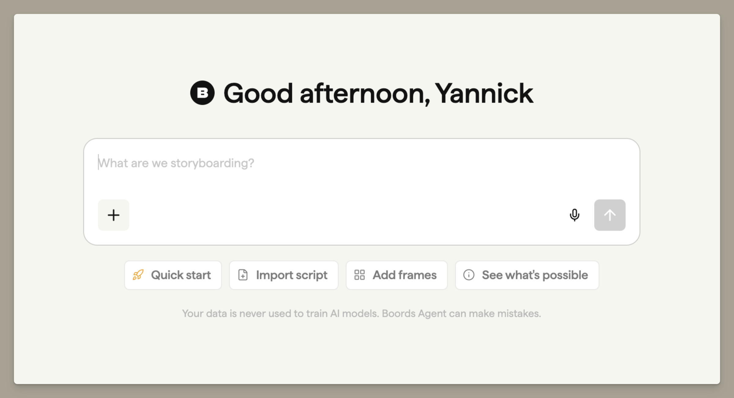 Boords Agent prompt on an empty storyboard with quick start actions