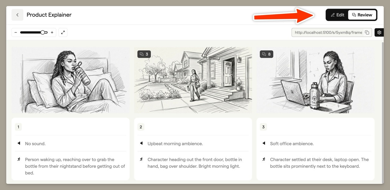 Edit and Review toggle in the storyboard header