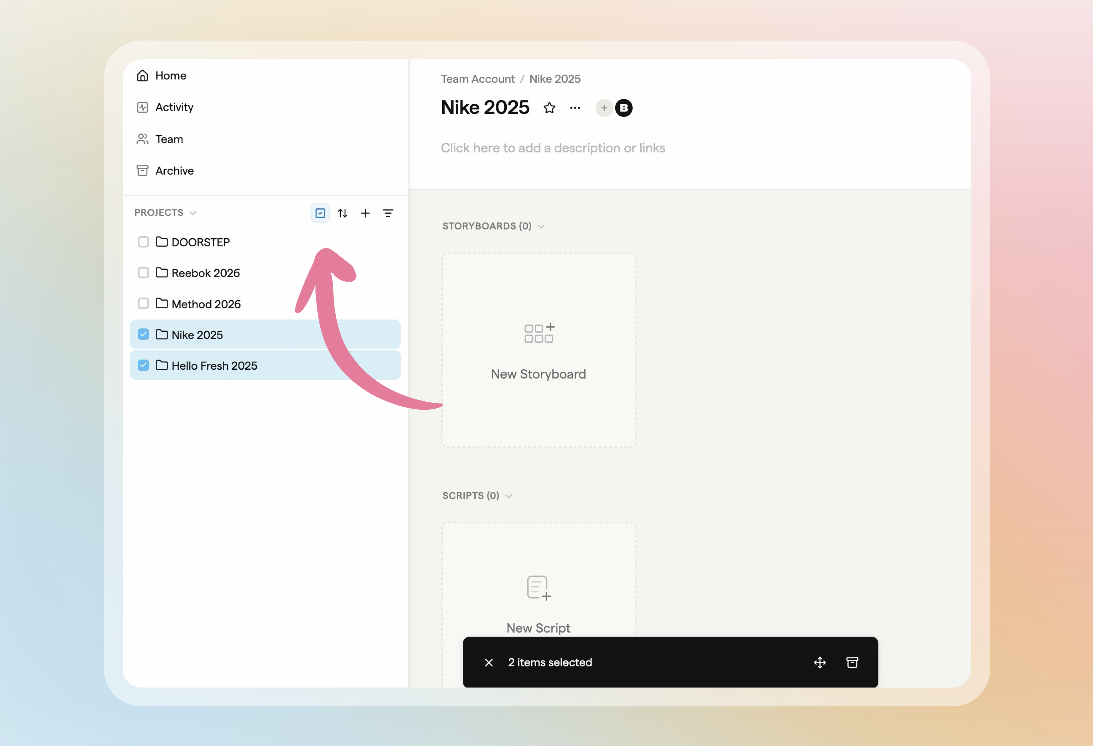 Two projects selected in the projects sidebar with move and archive actions
