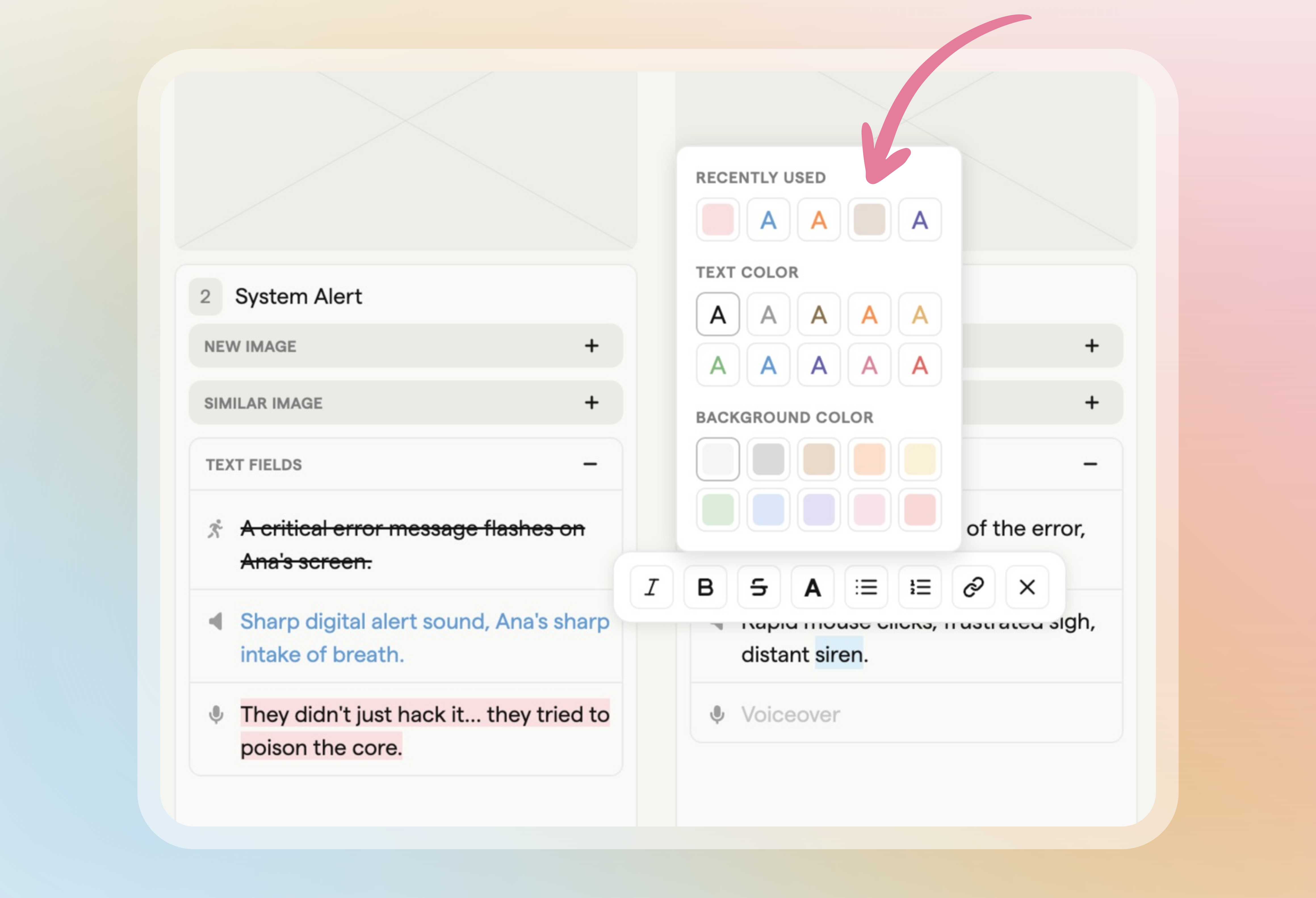Text formatting toolbar with strikethrough, colours and highlights