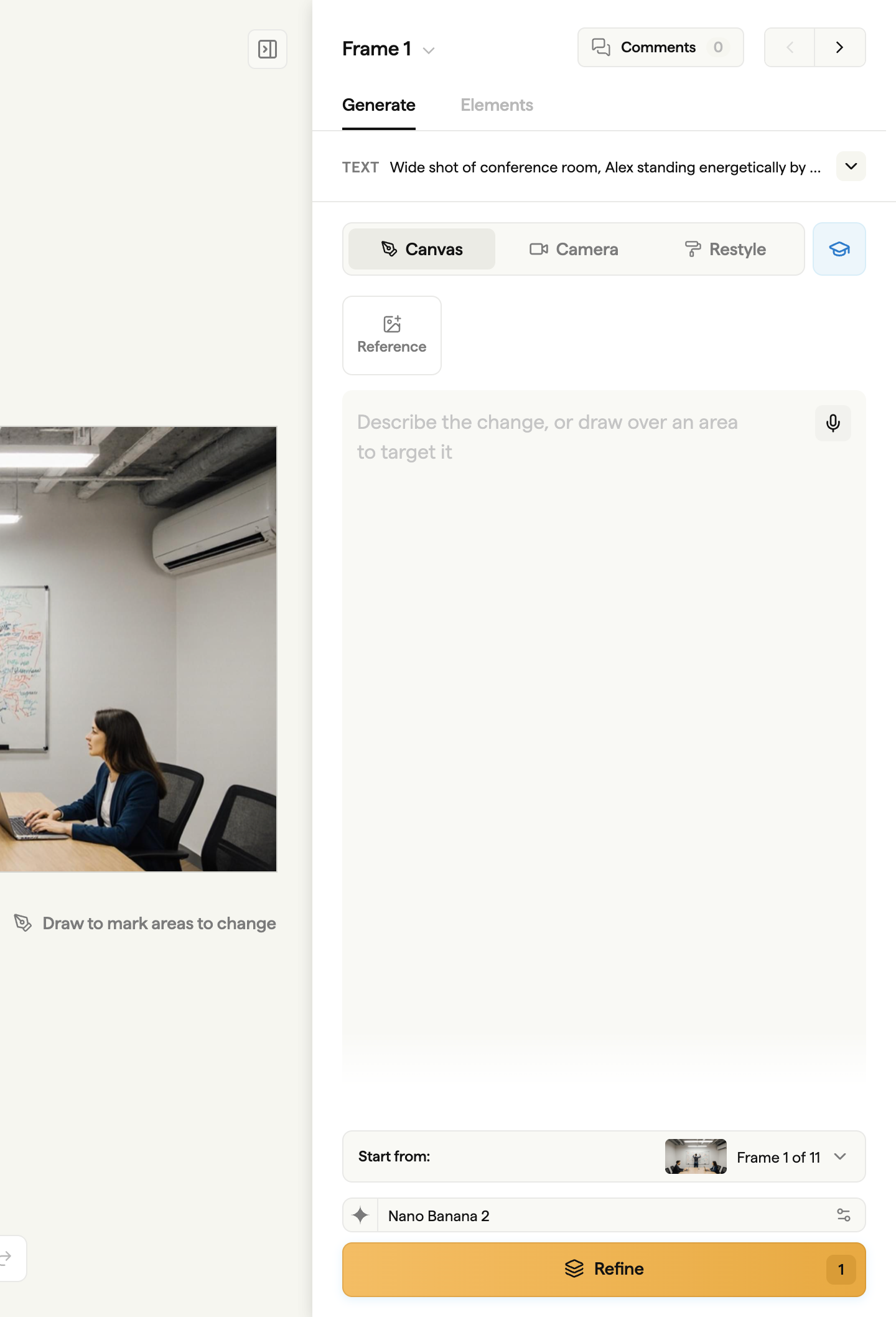 Generate tab in the frame sidebar with Canvas, Camera and Restyle