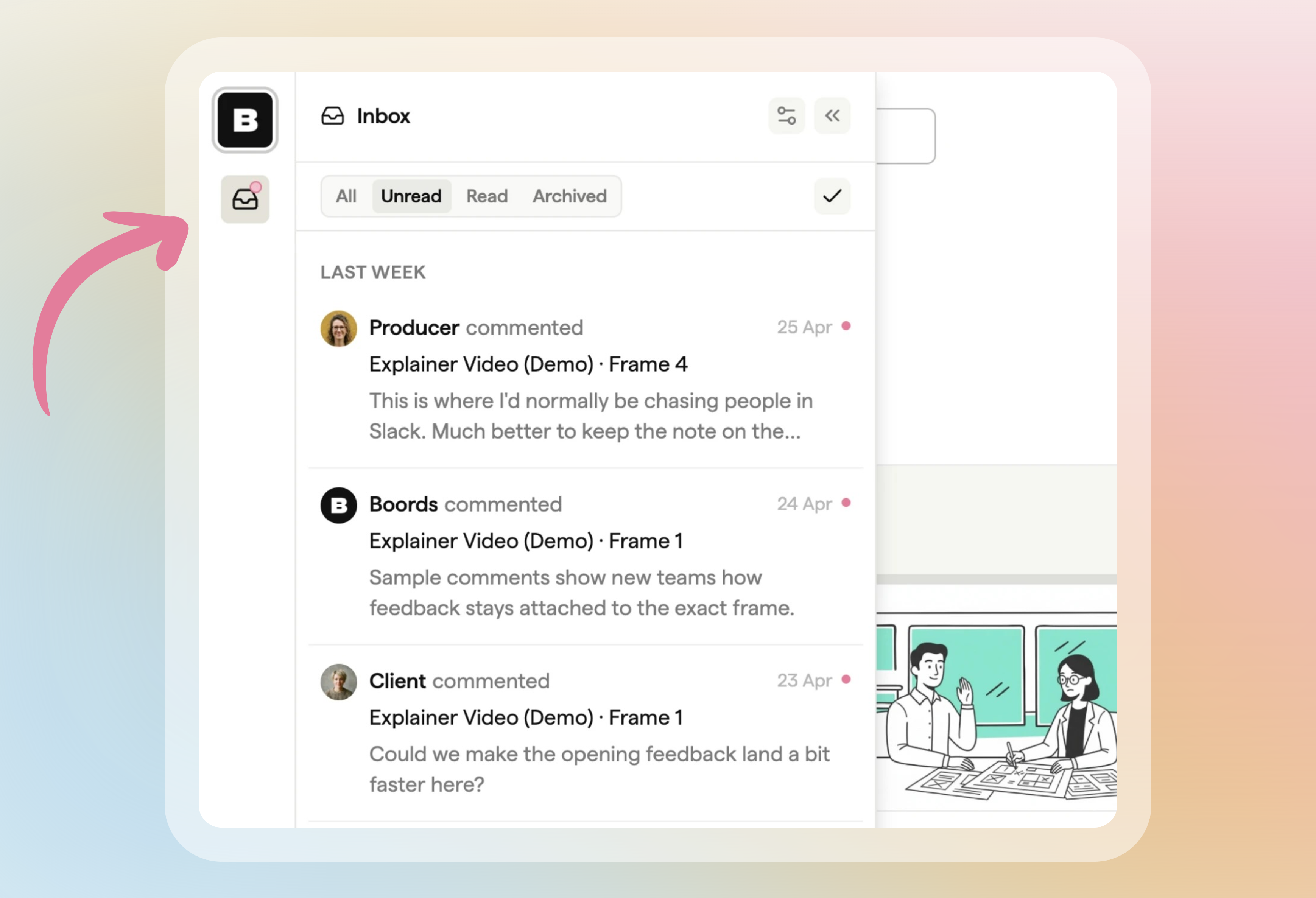 Notifications inbox with unread comment notifications