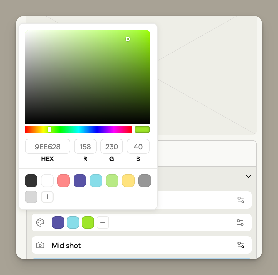 Colour palette row and colour picker in the image generator