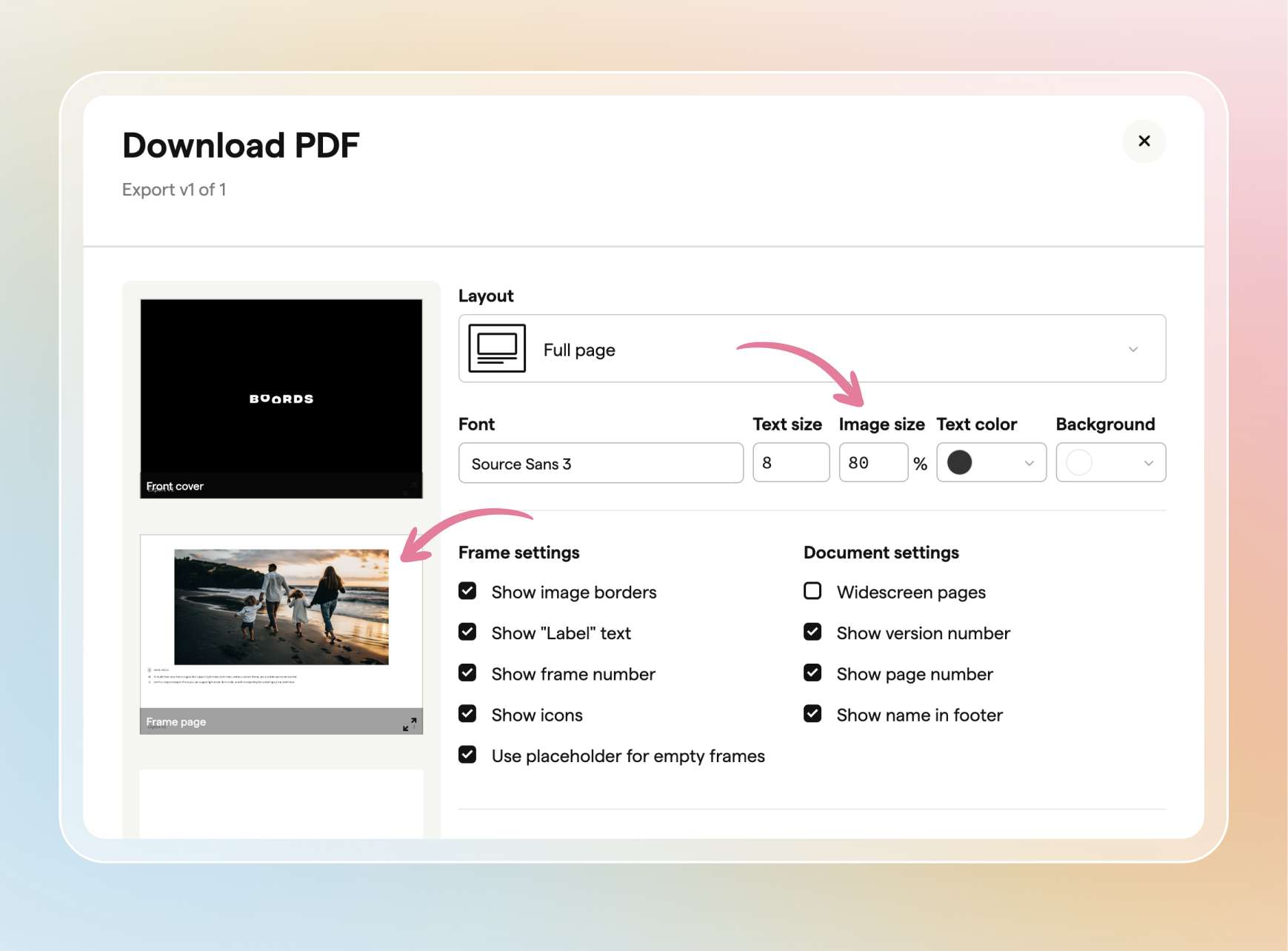 PDF export dialog with Image size and empty frame placeholder options