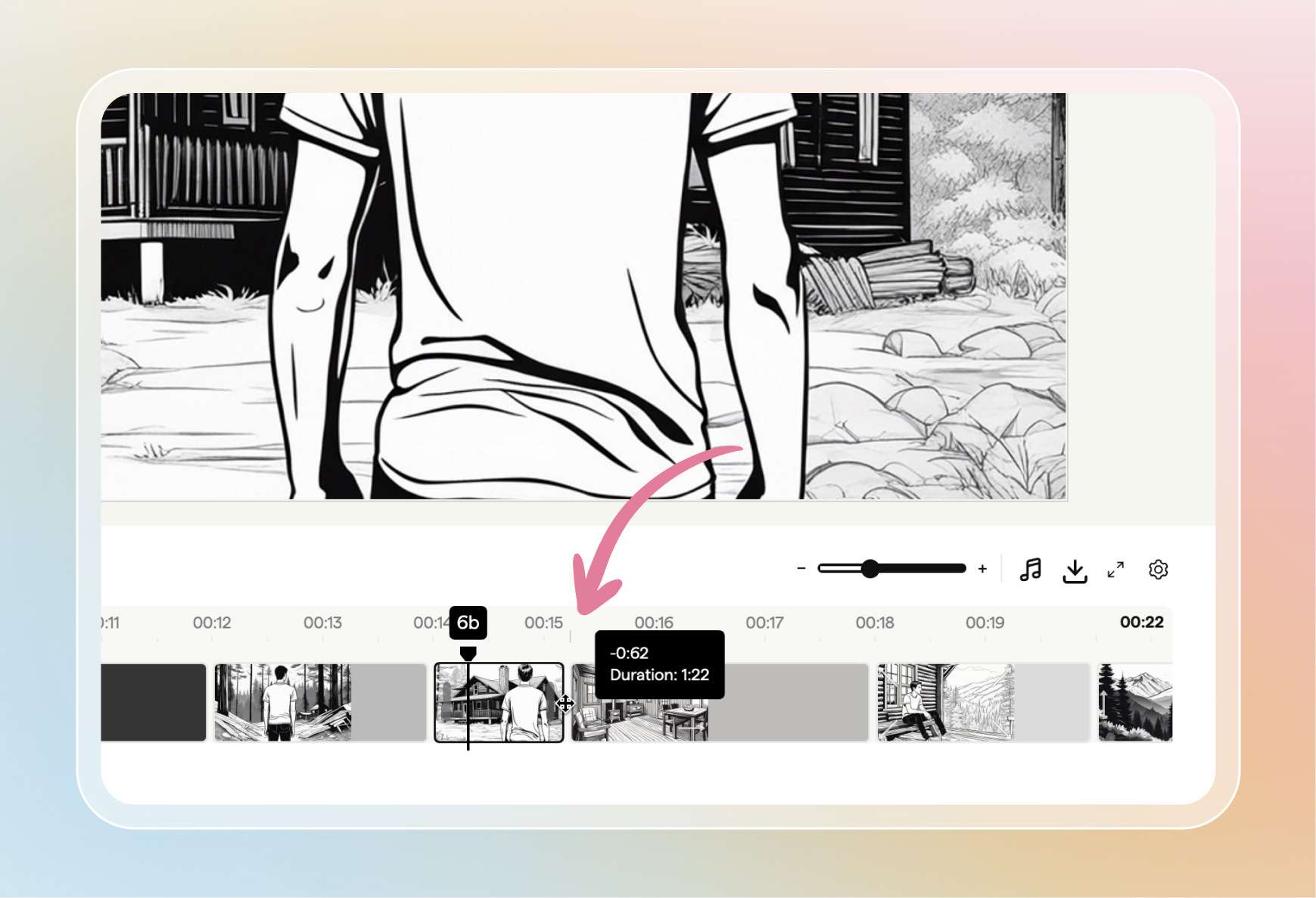 Animatic timeline with a thumbnail block for each frame