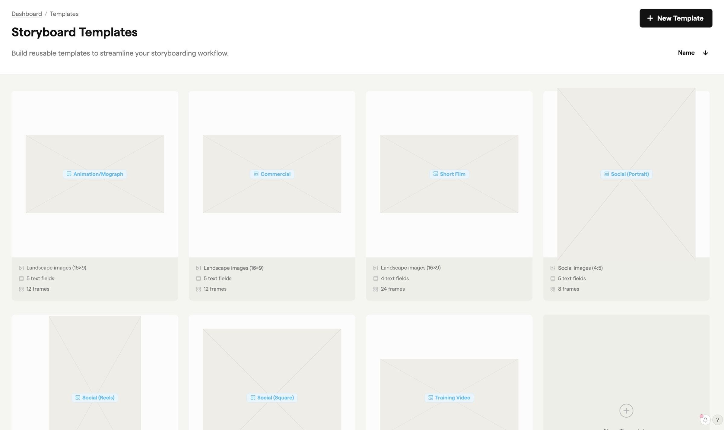 Storyboard Templates page with the starter templates