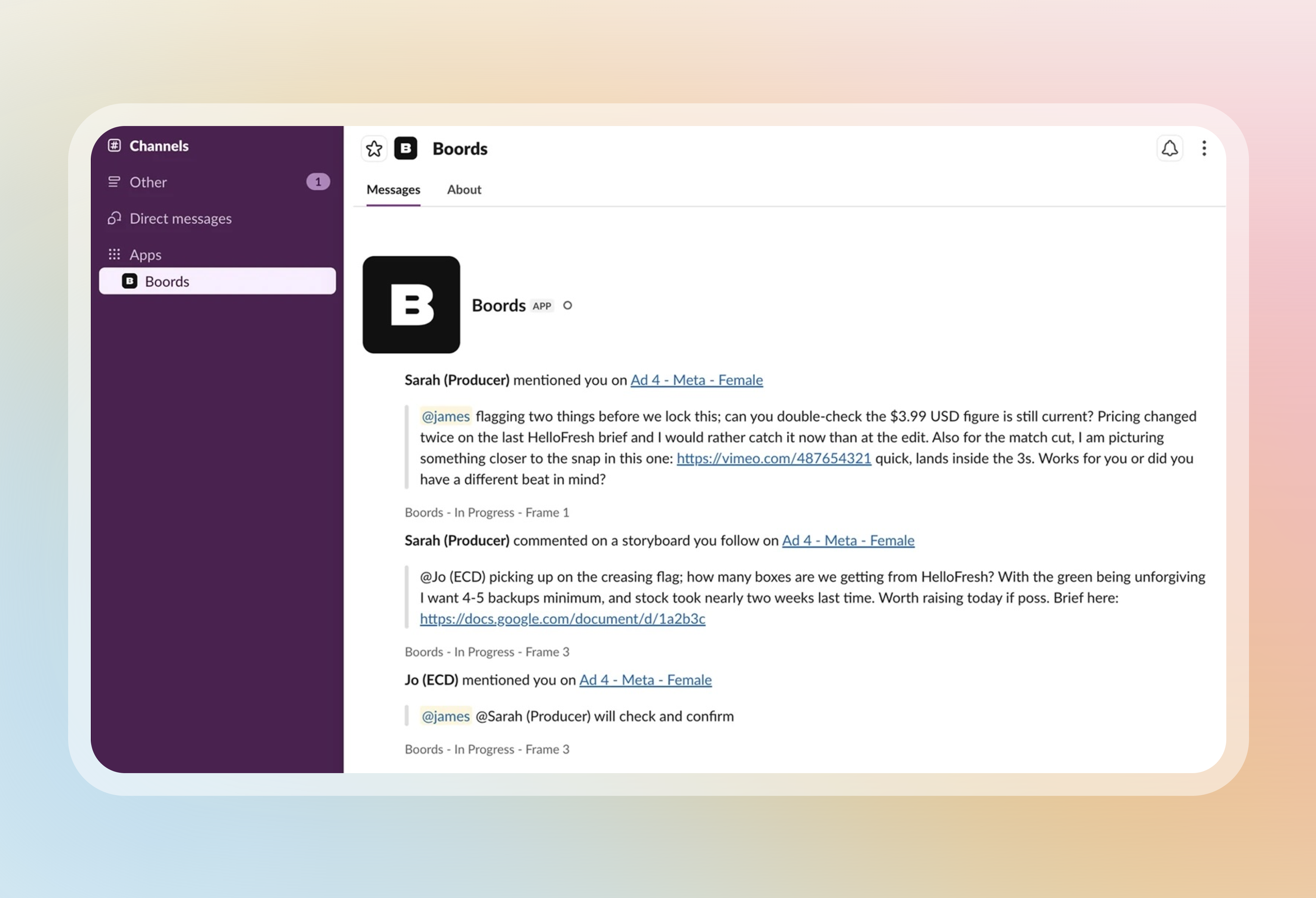 Boords notifications arriving as Slack direct messages