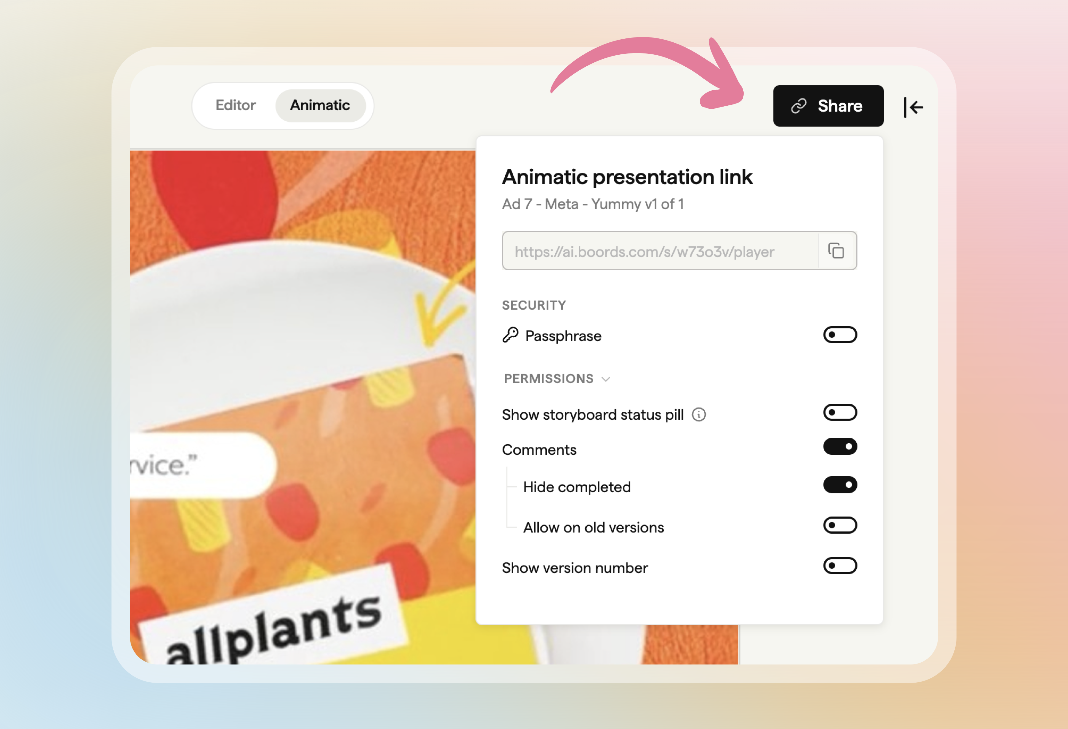 Share button in the animatic player with presentation link settings