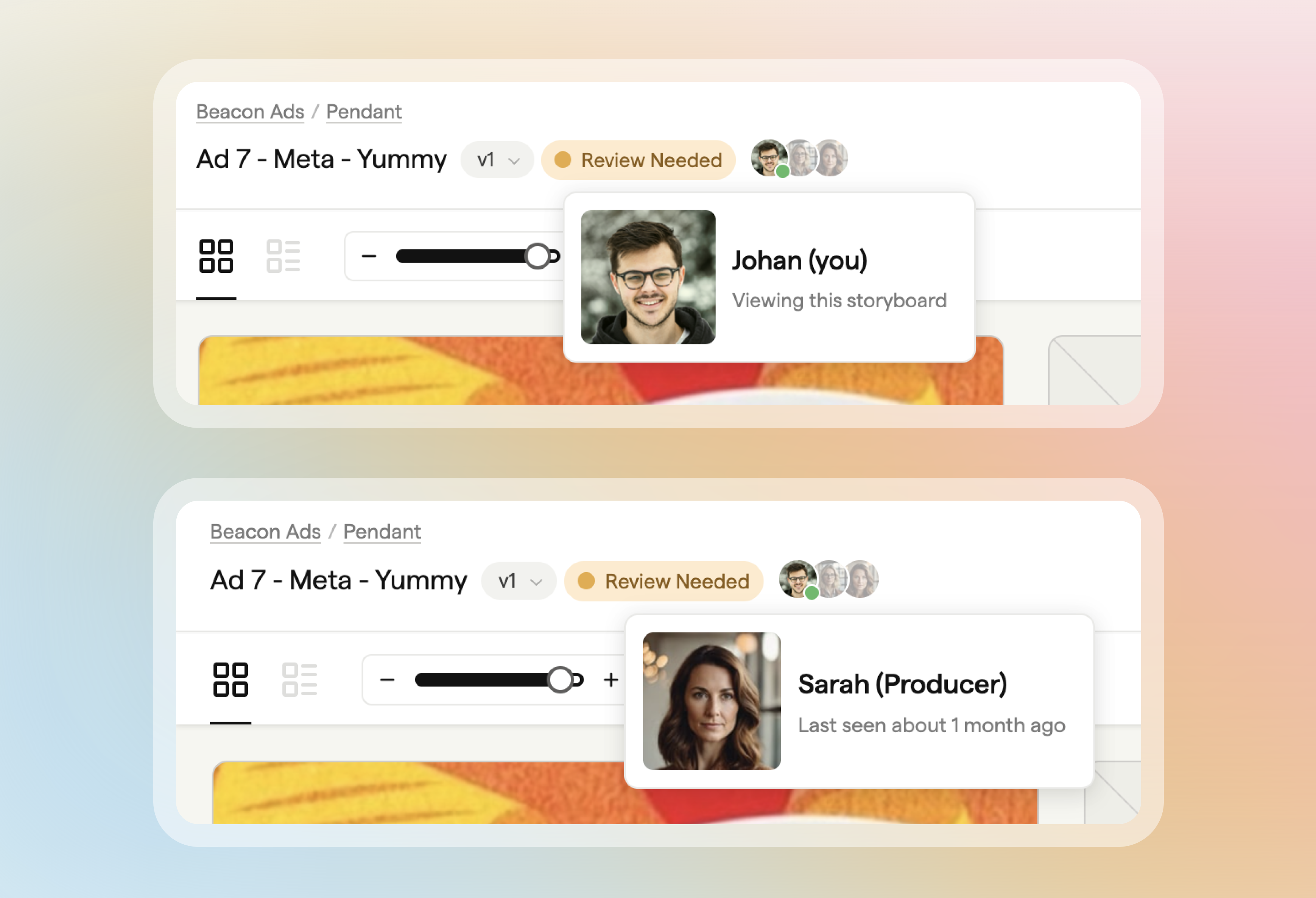 Teammate avatars in the storyboard header with online status