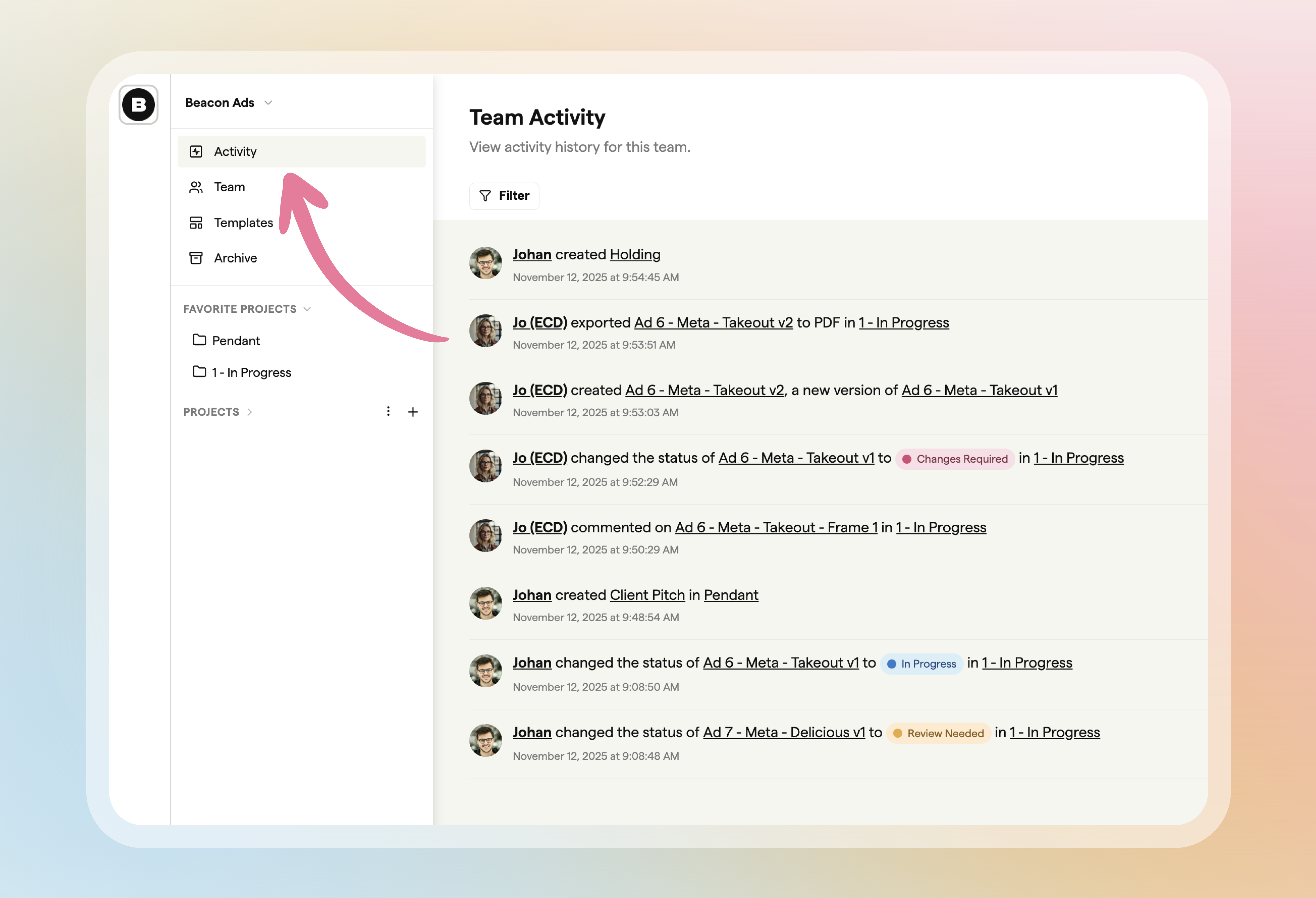 Team Activity page opened from the sidebar