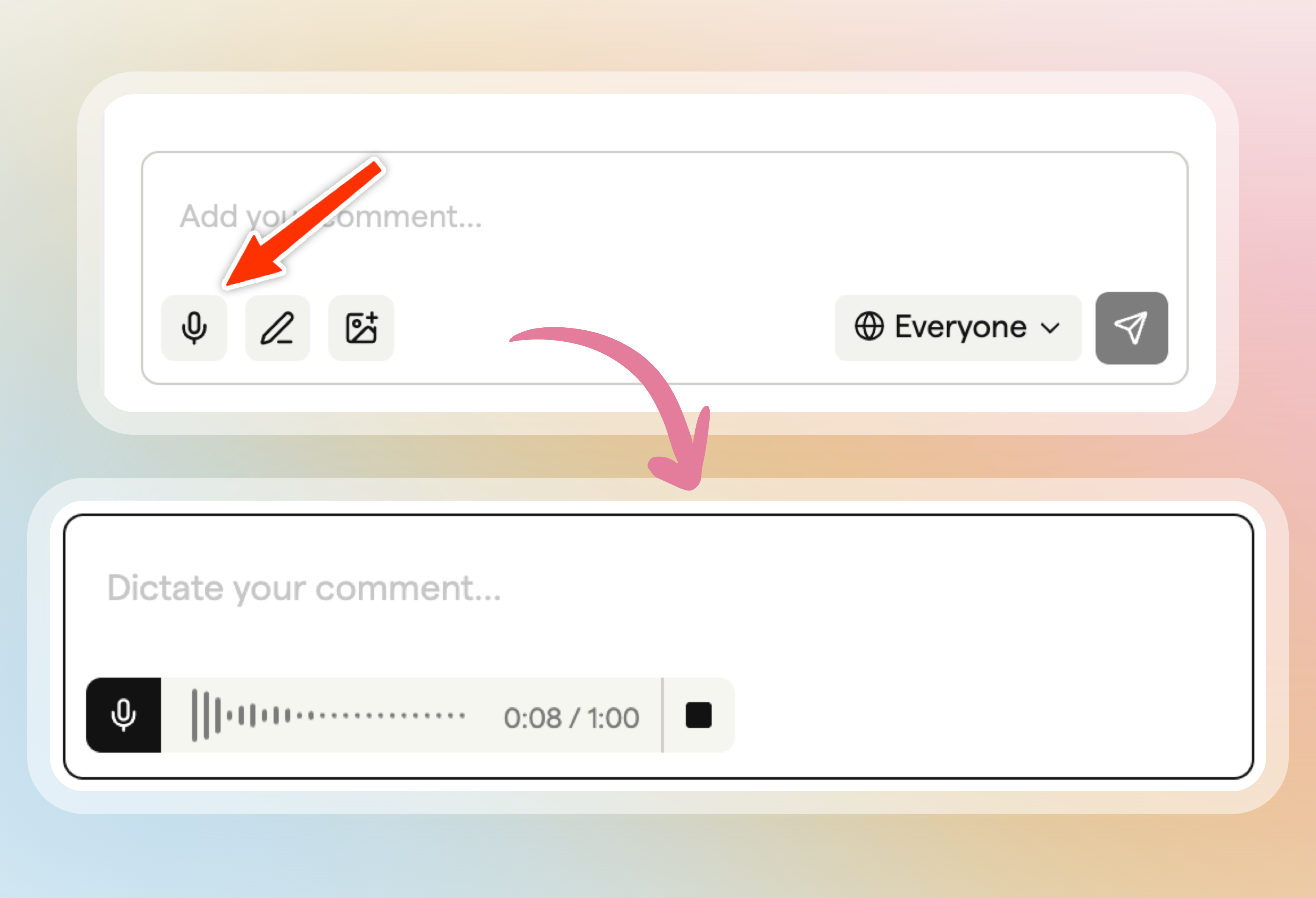 Microphone button in the comment box and a dictation in progress