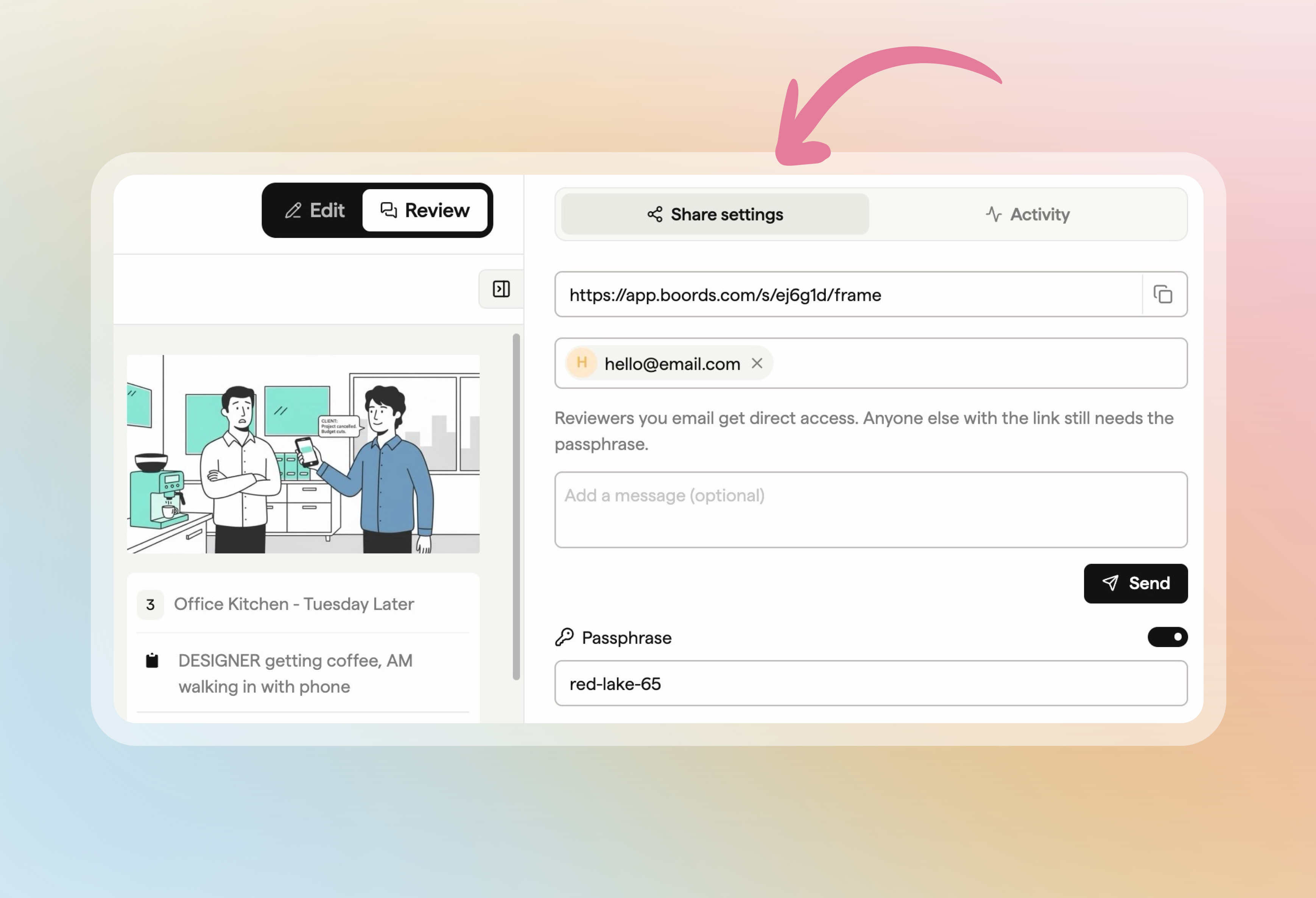 Share settings with a reviewer email, optional message and Send button