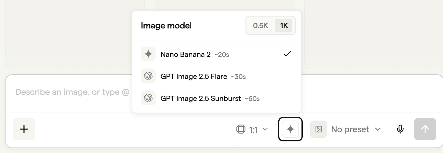 Image model menu listing Nano Banana 2, GPT Image 2.5 Flare and GPT Image 2.5 Sunburst with 0.5K and 1K options
