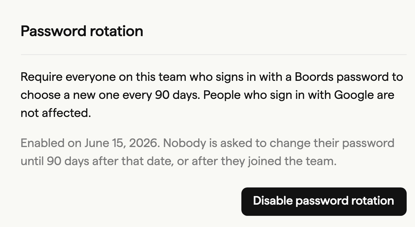 Team settings Password rotation section with a Disable password rotation button