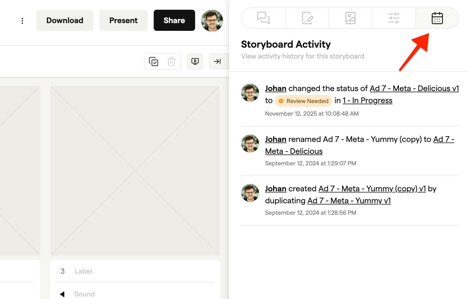 Storyboard Activity panel in the sidebar listing a status change, a rename and a duplicate