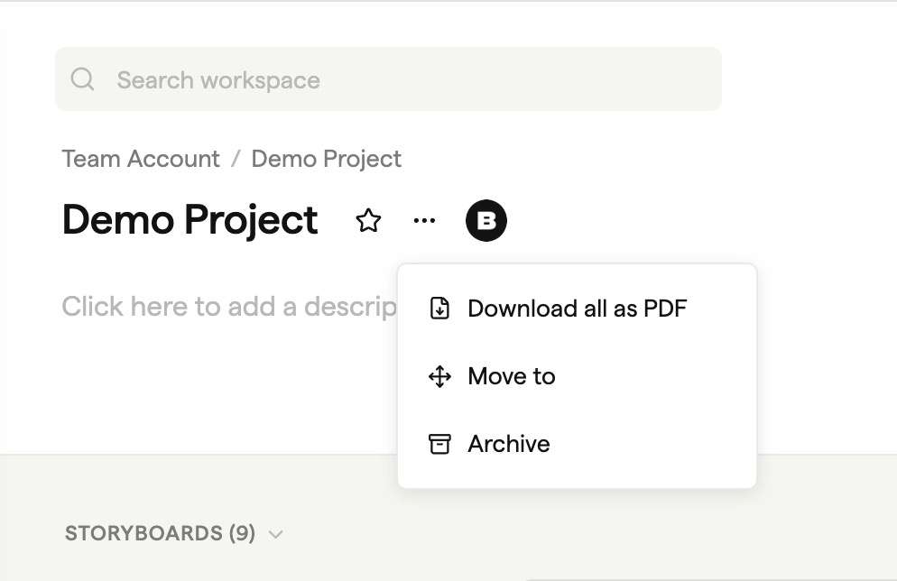 Project three dot menu open with Download all as PDF at the top