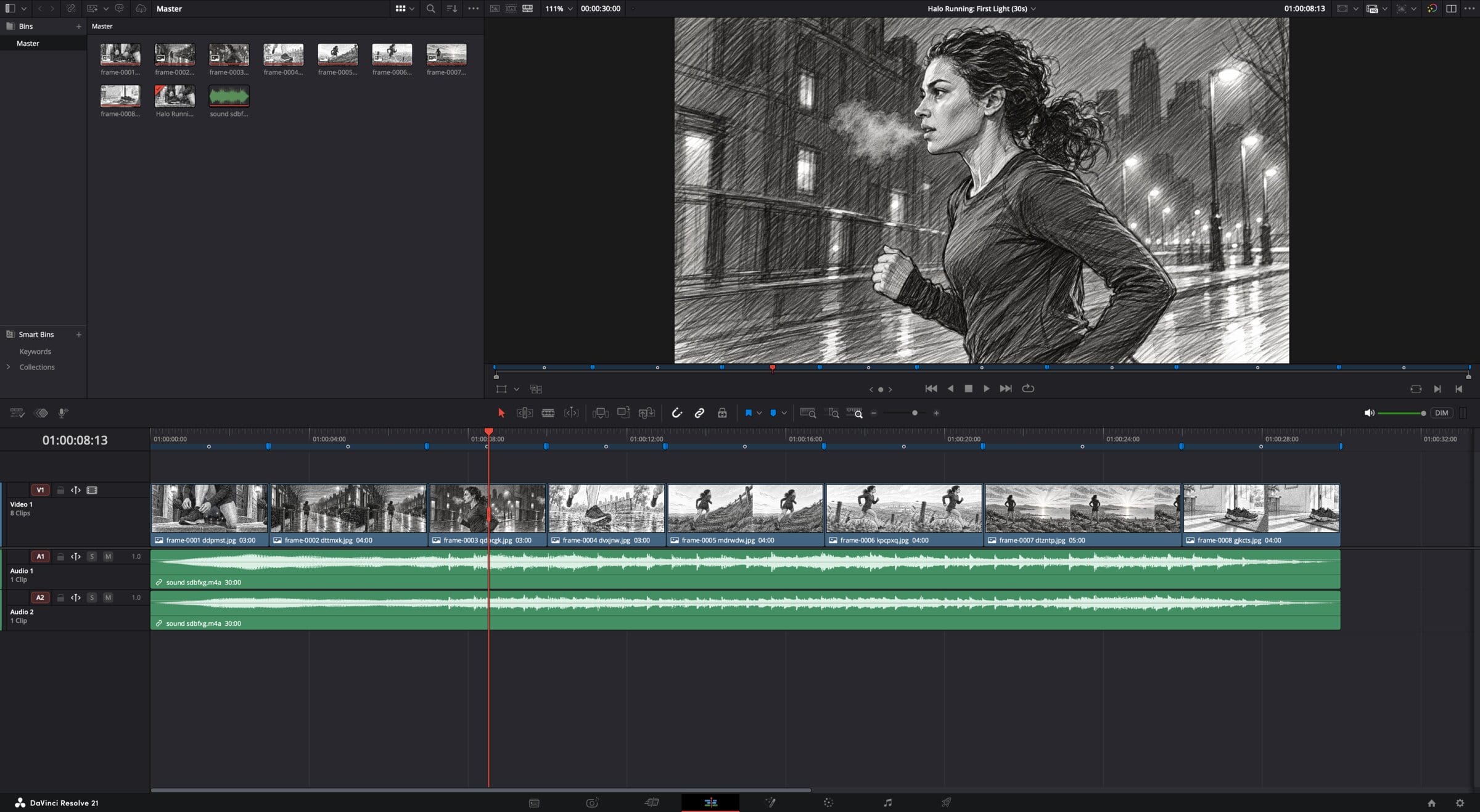 The same storyboard as a timeline in DaVinci Resolve with frame clips and audio