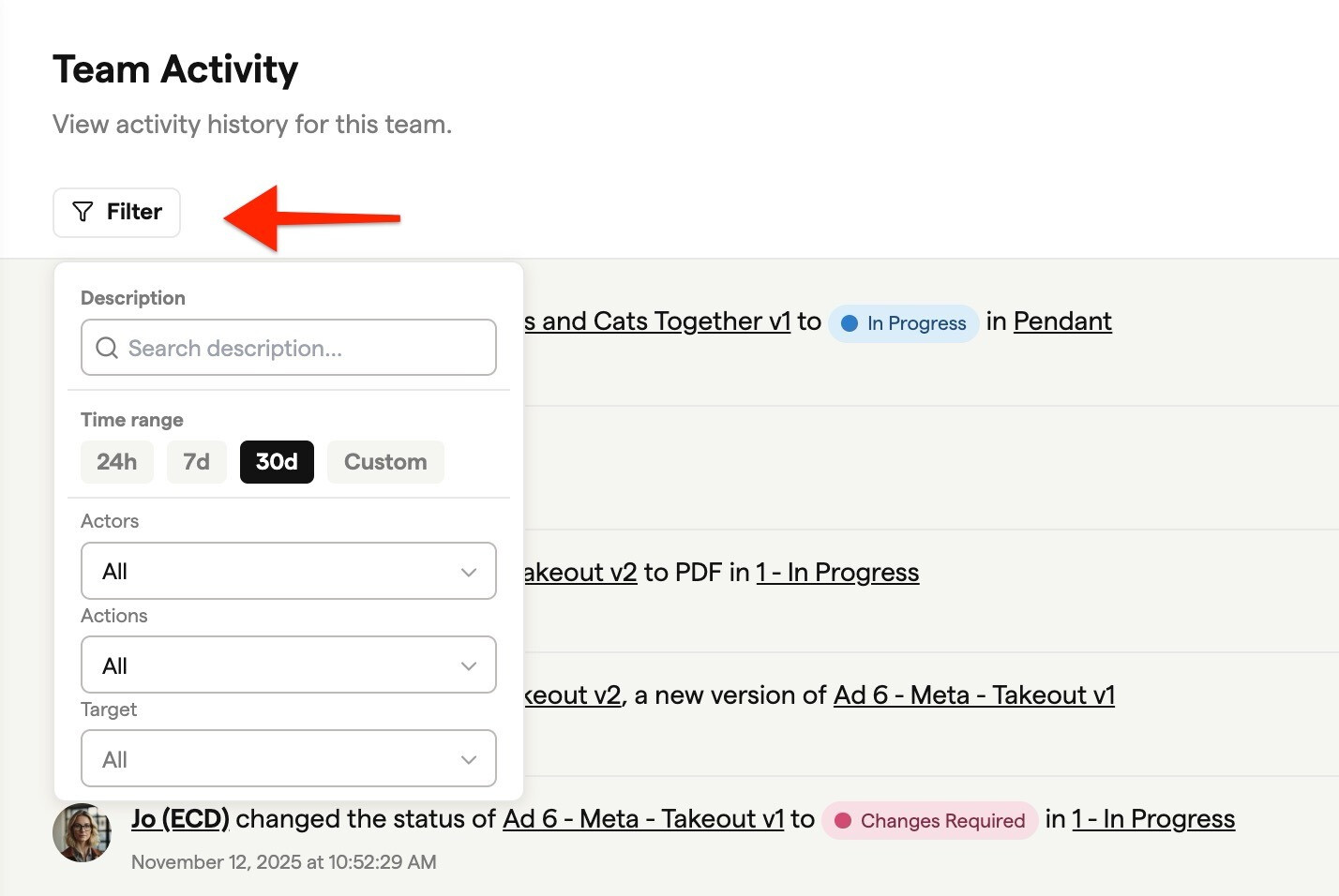Team Activity filters for time range, people and actions