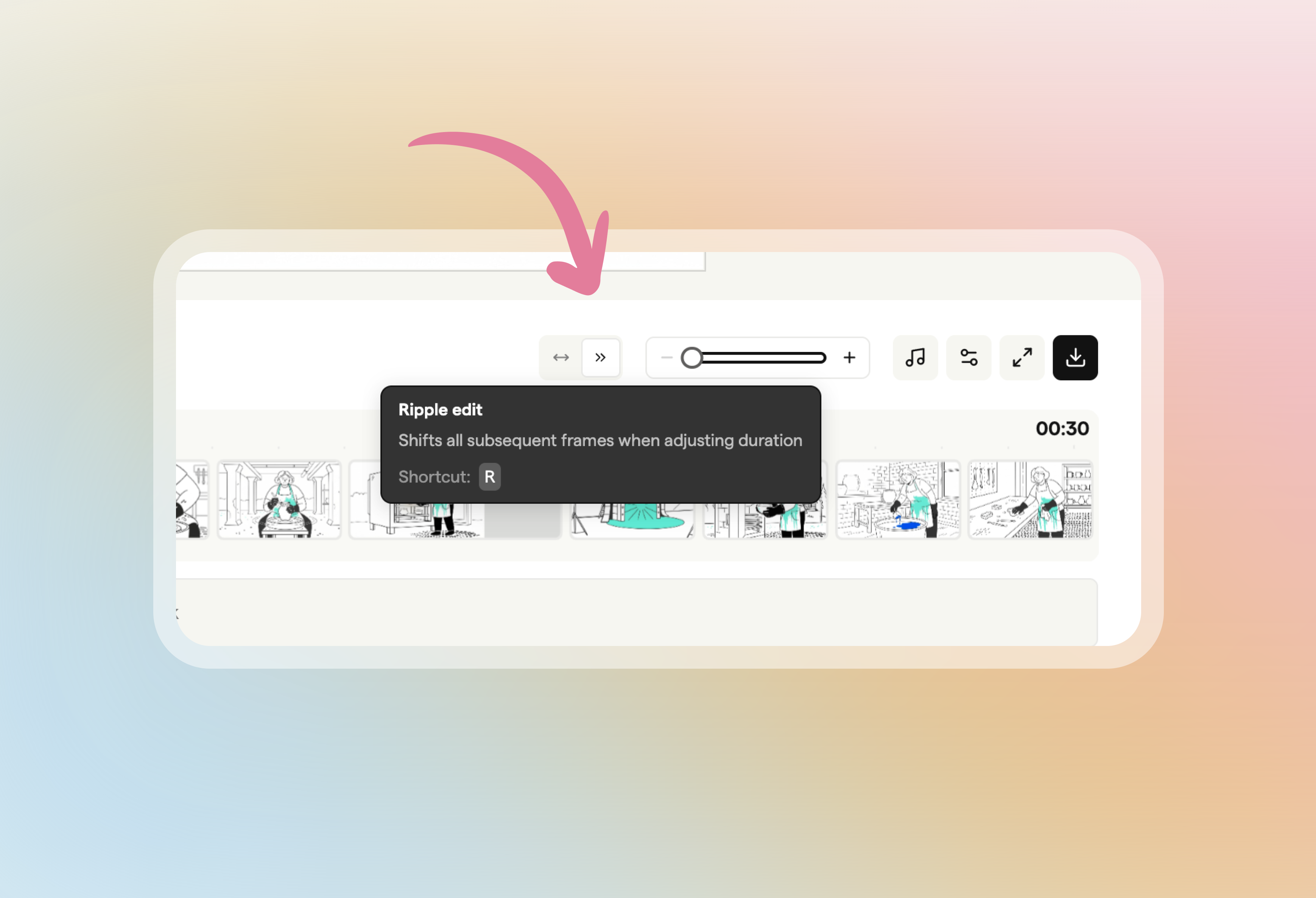 Ripple edit button and tooltip on the animatic timeline