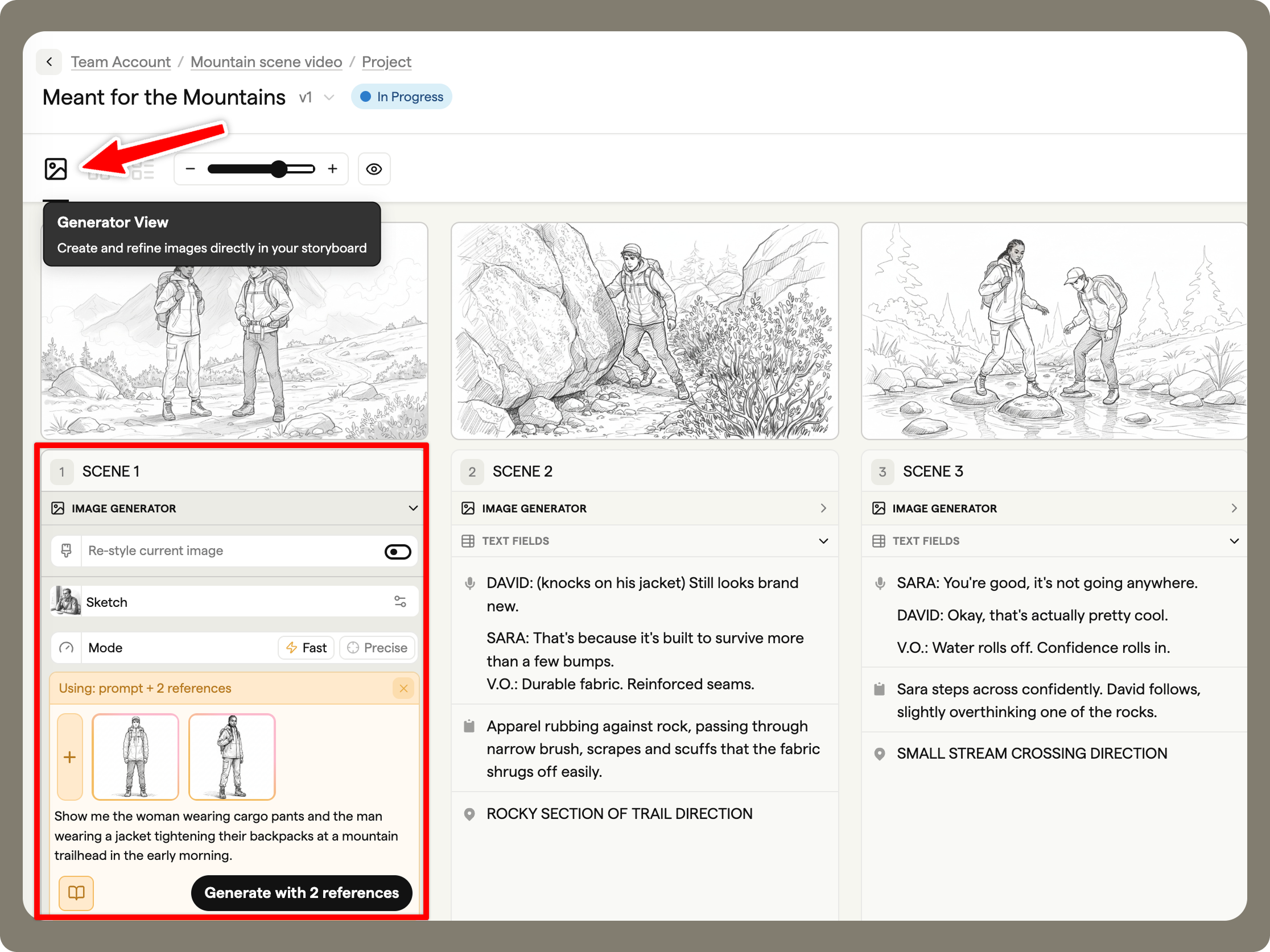 Generator view with an image prompt on a storyboard frame