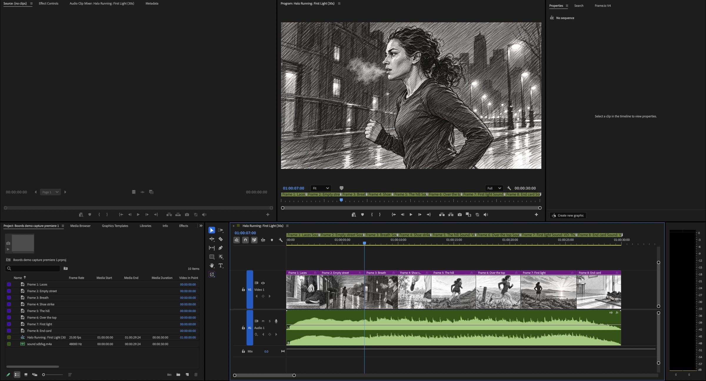 Boords storyboard opened as a timeline in Adobe Premiere Pro with frames, markers and soundtrack