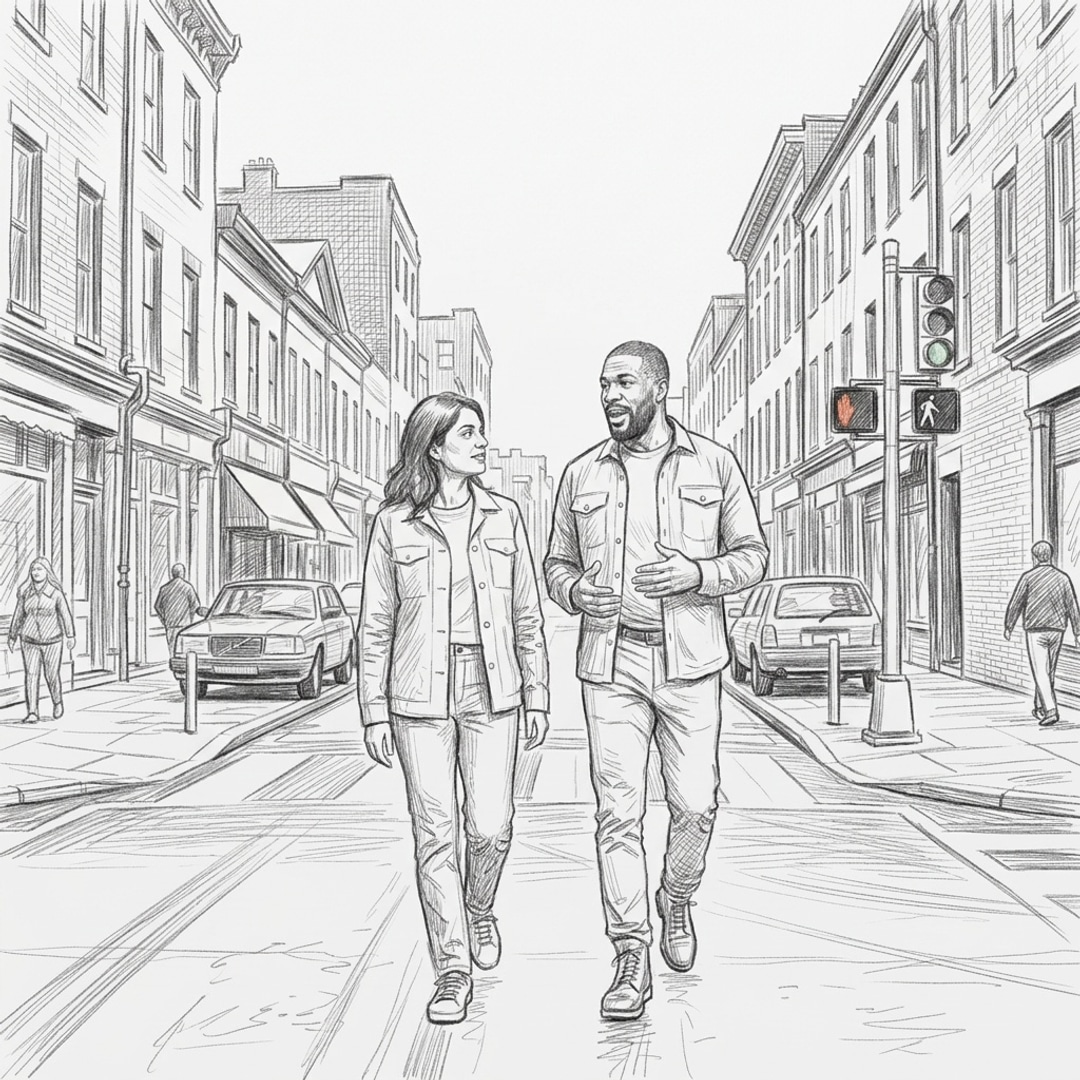 Pencil sketch storyboard frame of two people walking down a street