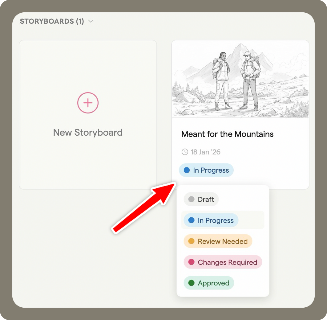 Status menu open on a storyboard card in a project