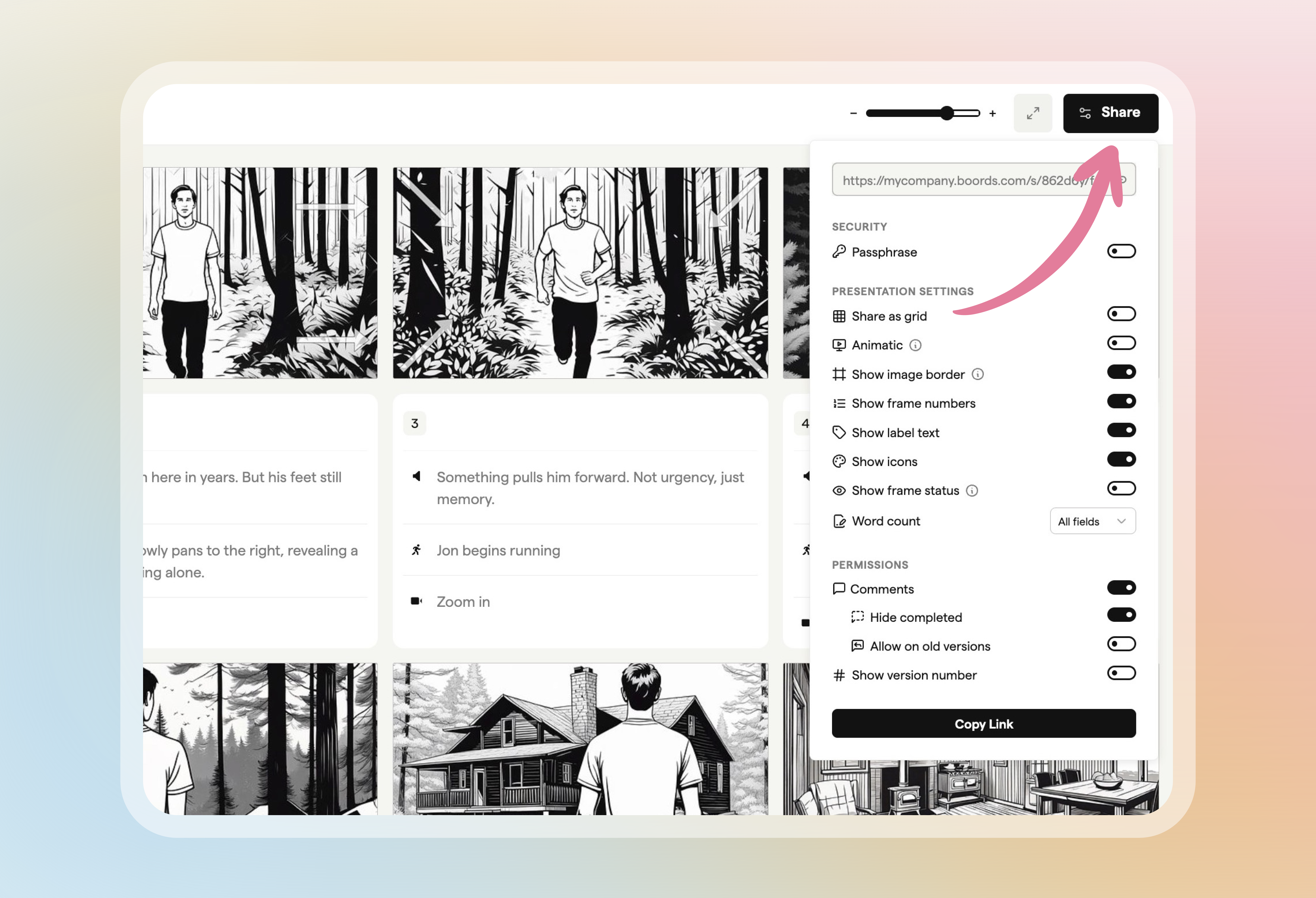 Share settings panel opened from the shareable link view