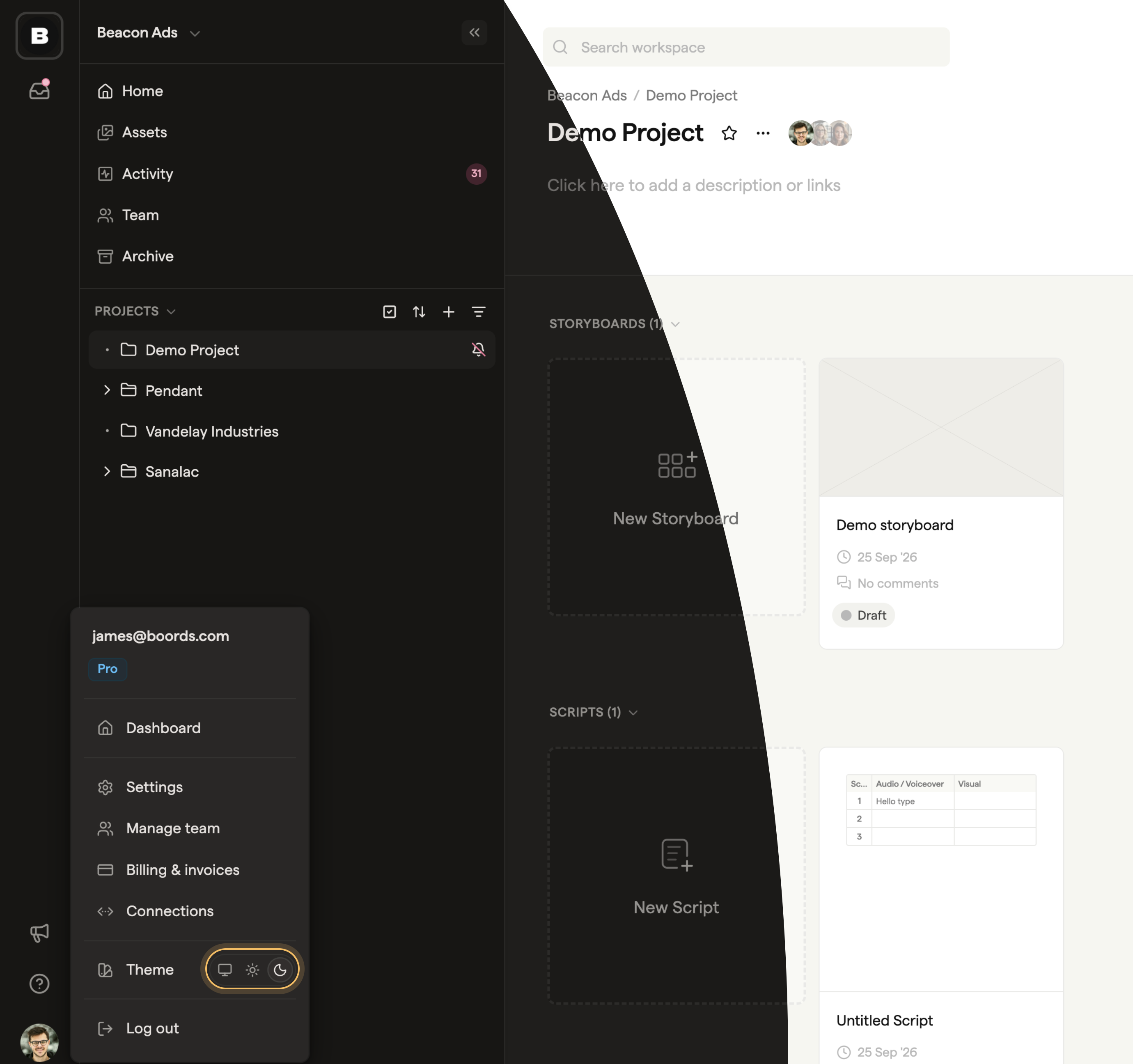 Boords project dashboard split between dark and light themes, with the Theme switcher open in the account menu