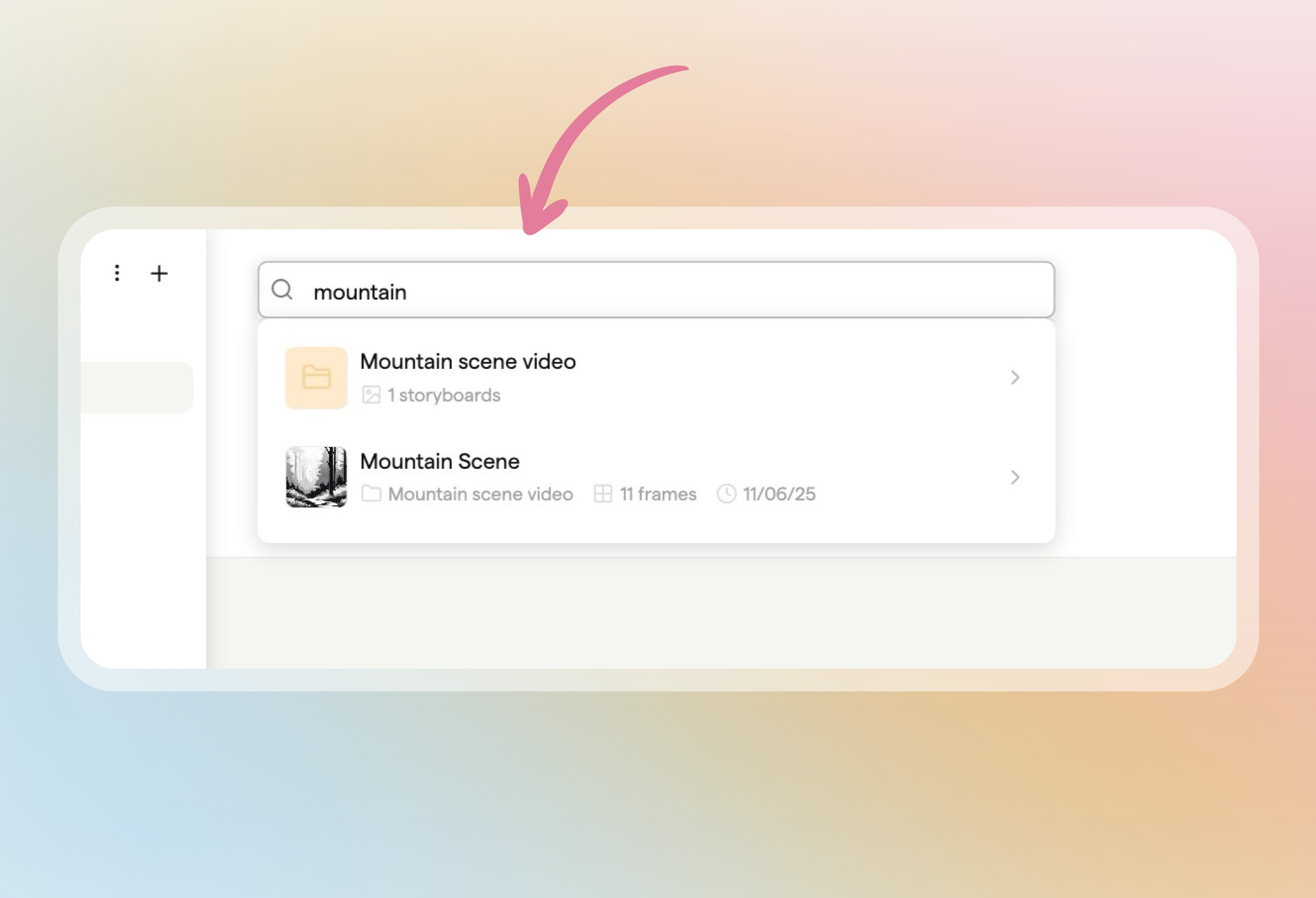 Workspace search showing a matching project and storyboard